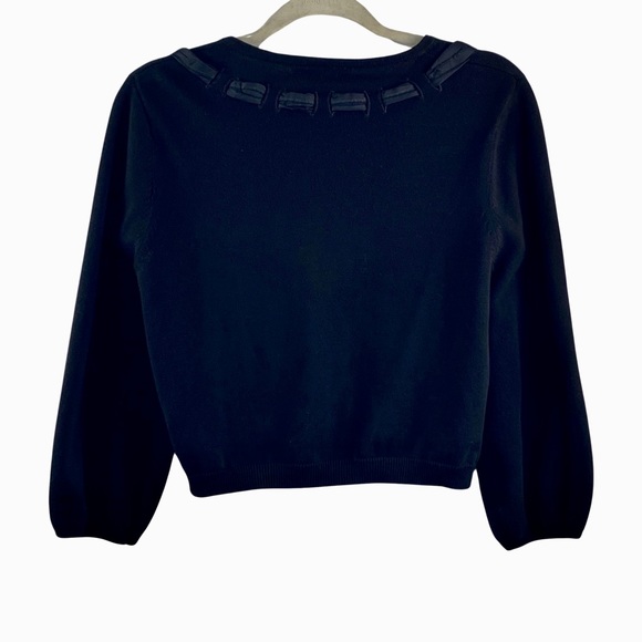 Nanette Lepore Black Button Up Cropped Cardigan Sweater Silk Ribbon Size L - Picture 2 of 10